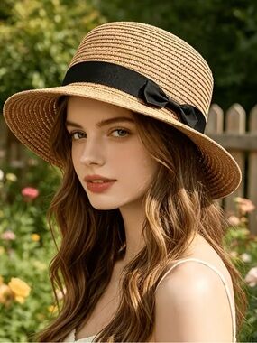 Women's Tan Straw Cloche Hat with Black Ribbon